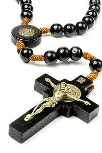 11721-8 12mm Black Wood Bead St Benedict Rosary on Cord