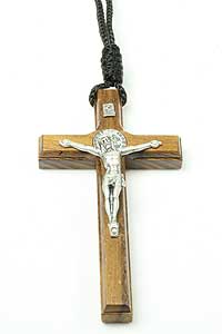 2115-6 St Bendedict Wood Crucifix on Black Rope