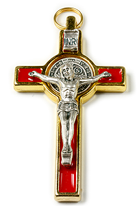 KBE648GR 3 St Benedict Crucifix Gold/Red Enamel