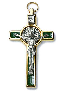 KBE648Green 3" St Benedict Crucifix Golden Frame Green Enamel
