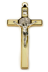 SB00017 8" St Benedict Wall Crucifix Gold/Glowing Enamel