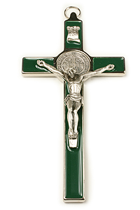 SB00019 8" St Benedict Wall Crucifix Silver/Green Enamel