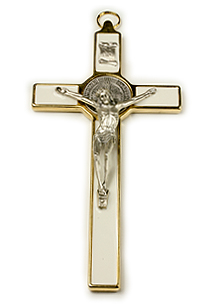 SB00020 8" St Benedict Wall Crucifix Gold/White Enamel