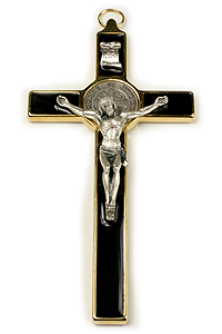 SB00025 8" St Benedict Wall Crucifix Gold/Black Enamel