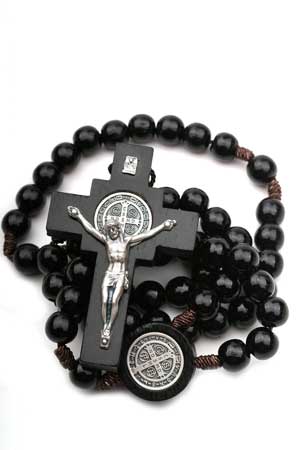 Large Black Wood Saint Benedict Rosary on Cord