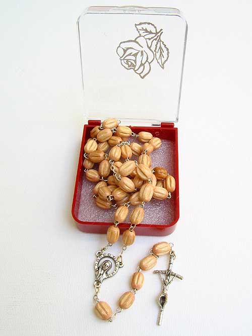 8mm Brown Oval Wood Bead Rosary