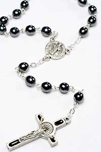 RSS Hematite Glass St.Benedict Rosary