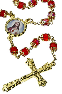 RSZ11 Golden Tone Red Glass Double Cap Rosary