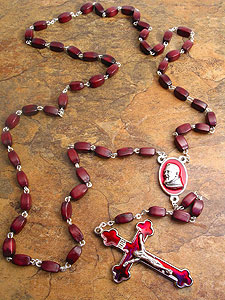RSW0002 Padre Pio Wood Rosary with Red Enamel