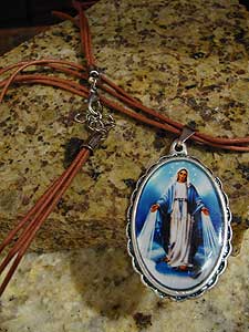 6378-9 Our Lady of Miraculous Medal Color Medallion on Brown String