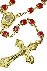 RSZ12 Double Capped Red Irredescent Glass Golden Rosary