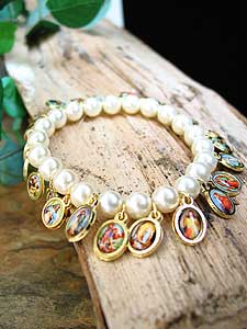 2612-3 Faux Pearl Stretch Bracelets with Medals