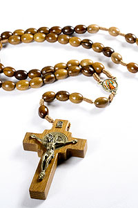 Guadalupe Wood Bead Rosary With St Benedict Cross