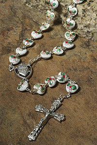 ROSCL00050 White Heart Cloisonne Sacred Heart Rosary (CLON)