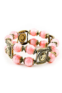 BRA09900 Pink Bead Golden Tone Religious Bracelet
